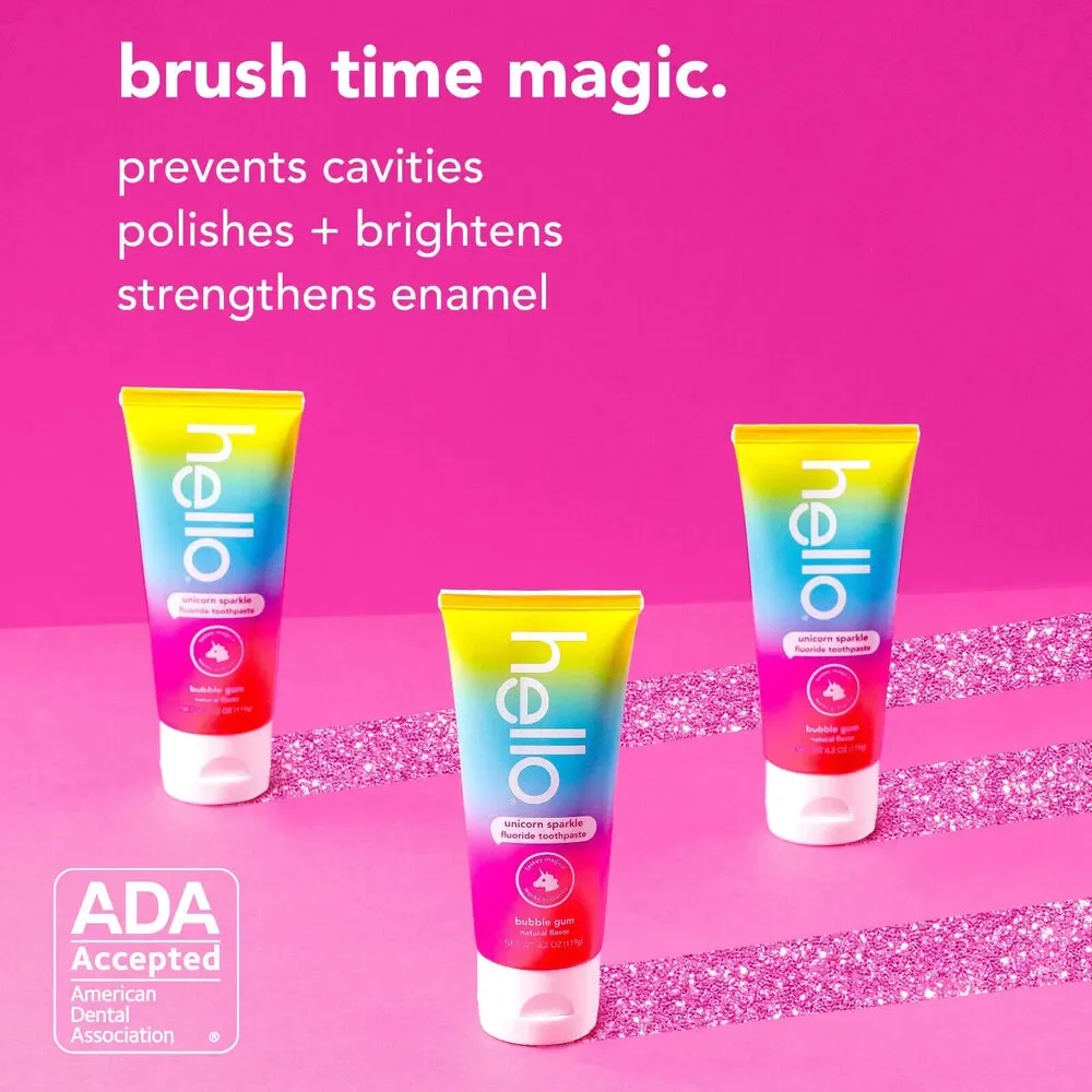 2 PACK + Gift Hello Kids Fluoride Toothpaste, Vegan, Unicorn Sparkle Bubble Gum